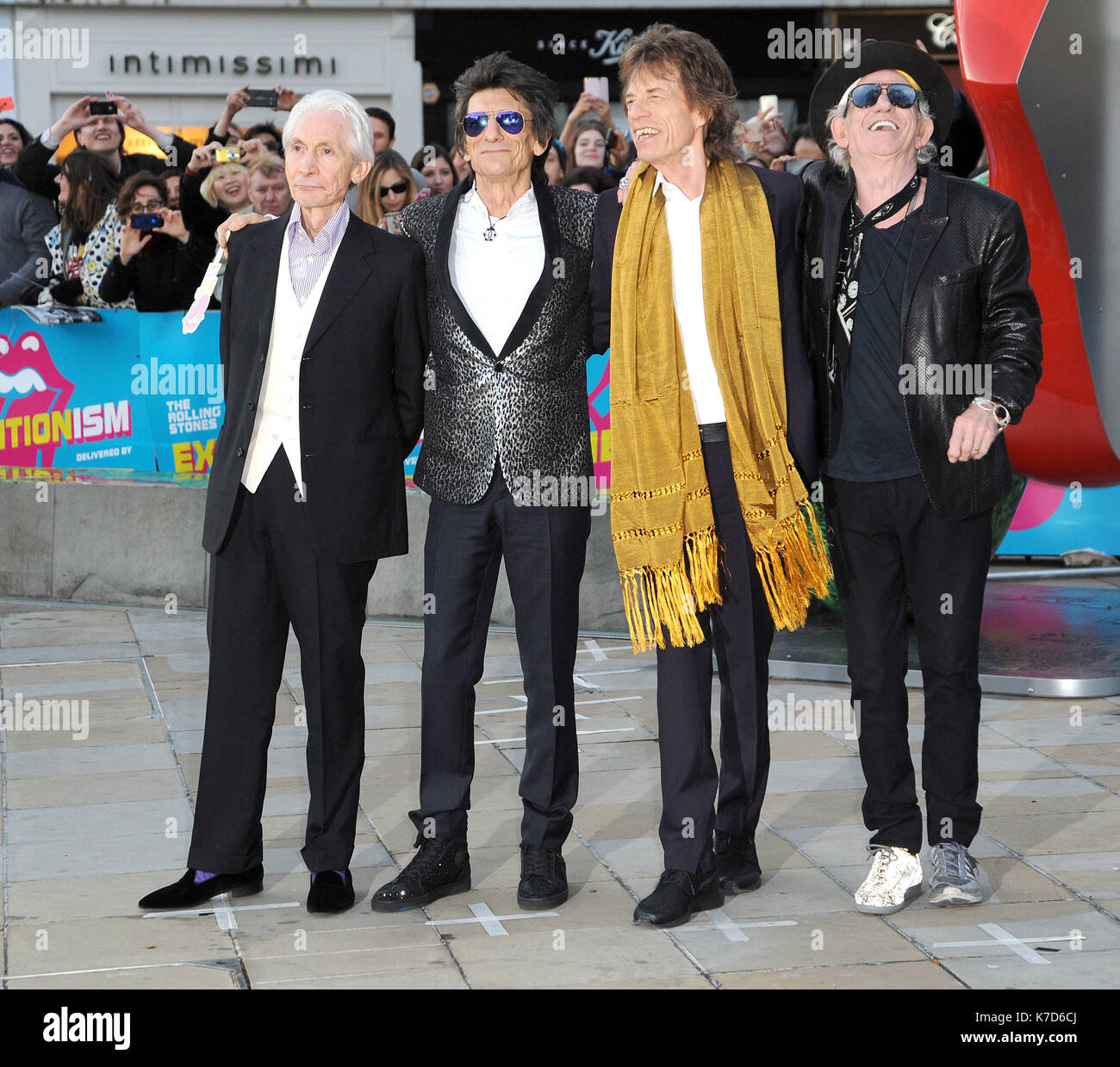 Photo Must Be Credited ©Alpha Press 078237 04/04/2016 Charlie Watts, Ronnie Wood, Mick Jagger and Keith Richards at The Rolling Stones Exhibitionism Private View Opening Night Gala held at the Saatchi Gallery in London. Stock Photo