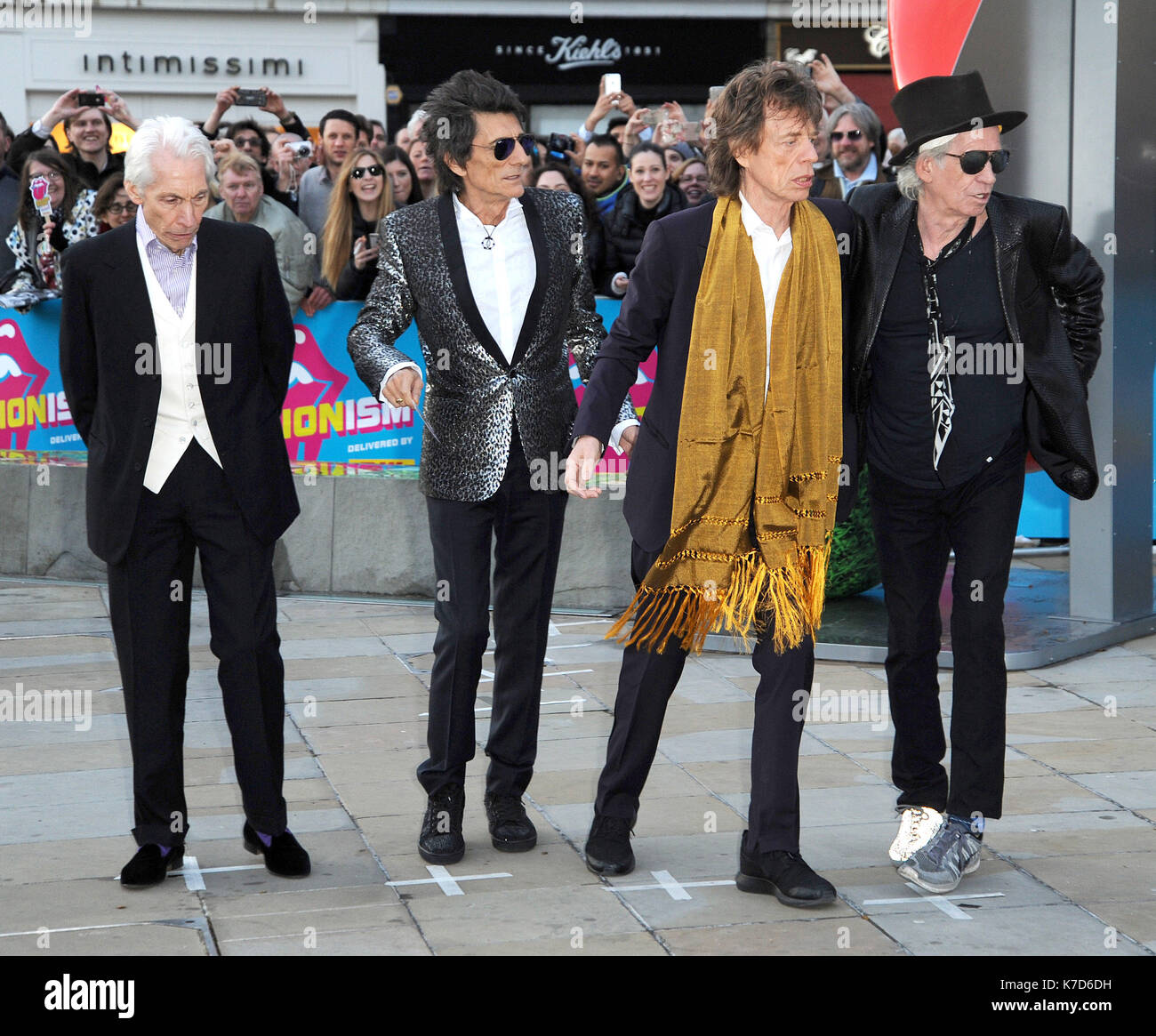 Photo Must Be Credited ©Alpha Press 078237 04/04/2016 Charlie Watts, Ronnie Wood, Mick Jagger and Keith Richards at The Rolling Stones Exhibitionism Private View Opening Night Gala held at the Saatchi Gallery in London. Stock Photo