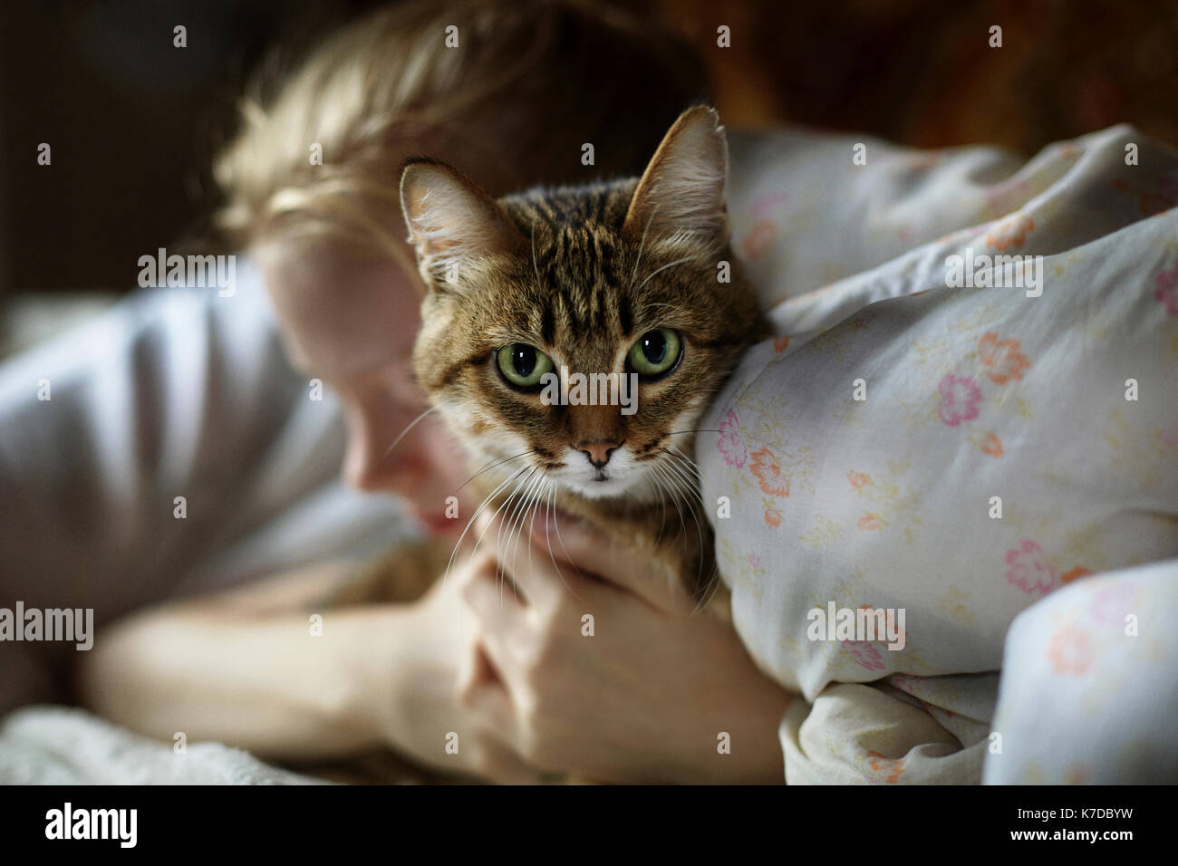 Woman embracing cat while lying on bed at home Stock Photo
