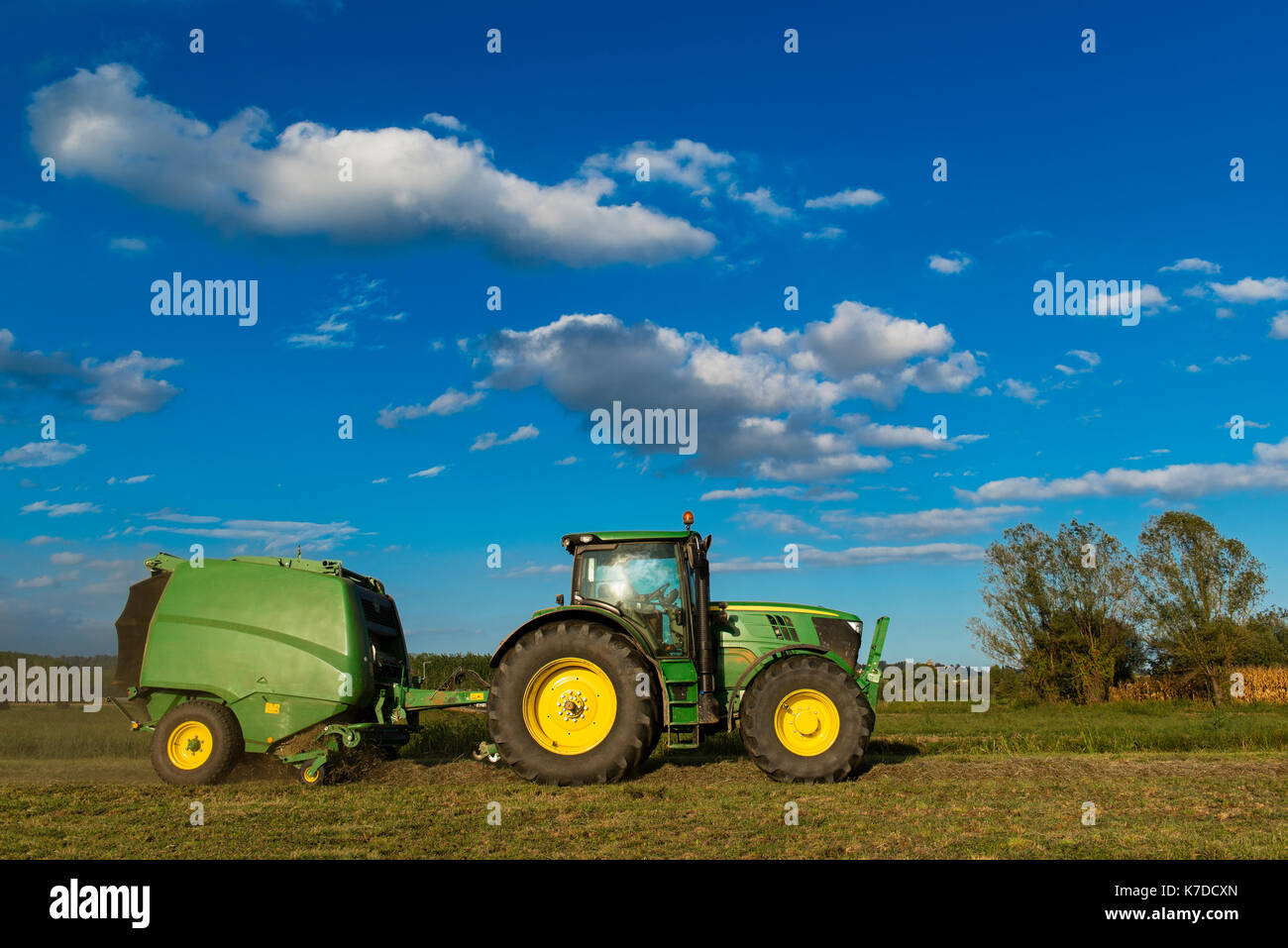 Tractor with machinery to make bales of hay, trees bottom and cloudy