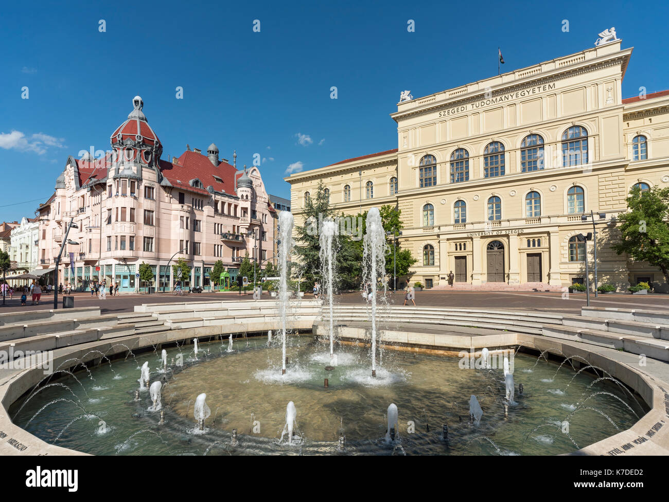 Dugonics Fountain Square with Unger-Mayer House and University building, Szeged, Hungary Stock Photo