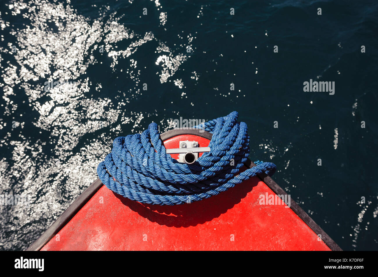 Overhead view of rope bundle on ship's bow Stock Photo