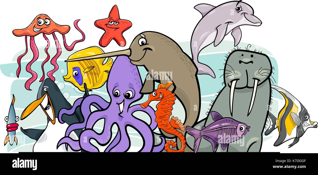 Cartoon illustration of Sea Life Animal Characters Group Stock Vector ...