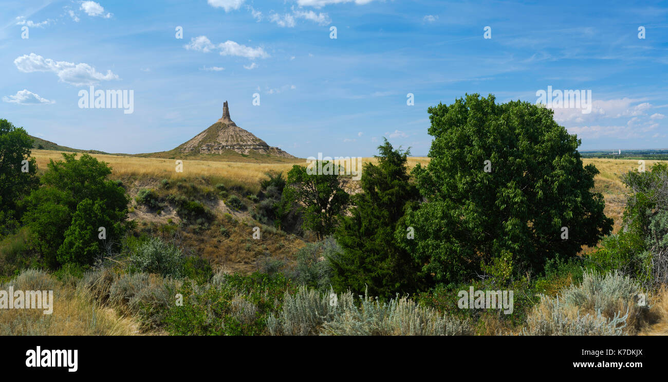 Panoramic view of Chimney Rock National Historic Site, a natural landmark for westtern travellers. Stock Photo