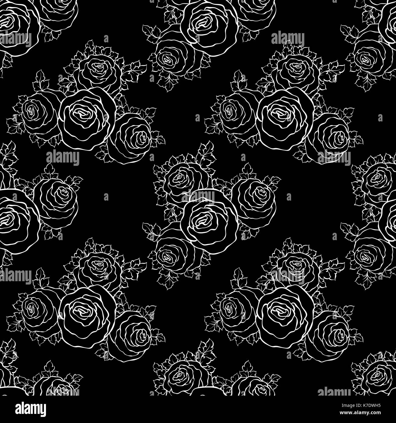 Floral decorative black and white background with cute roses ...