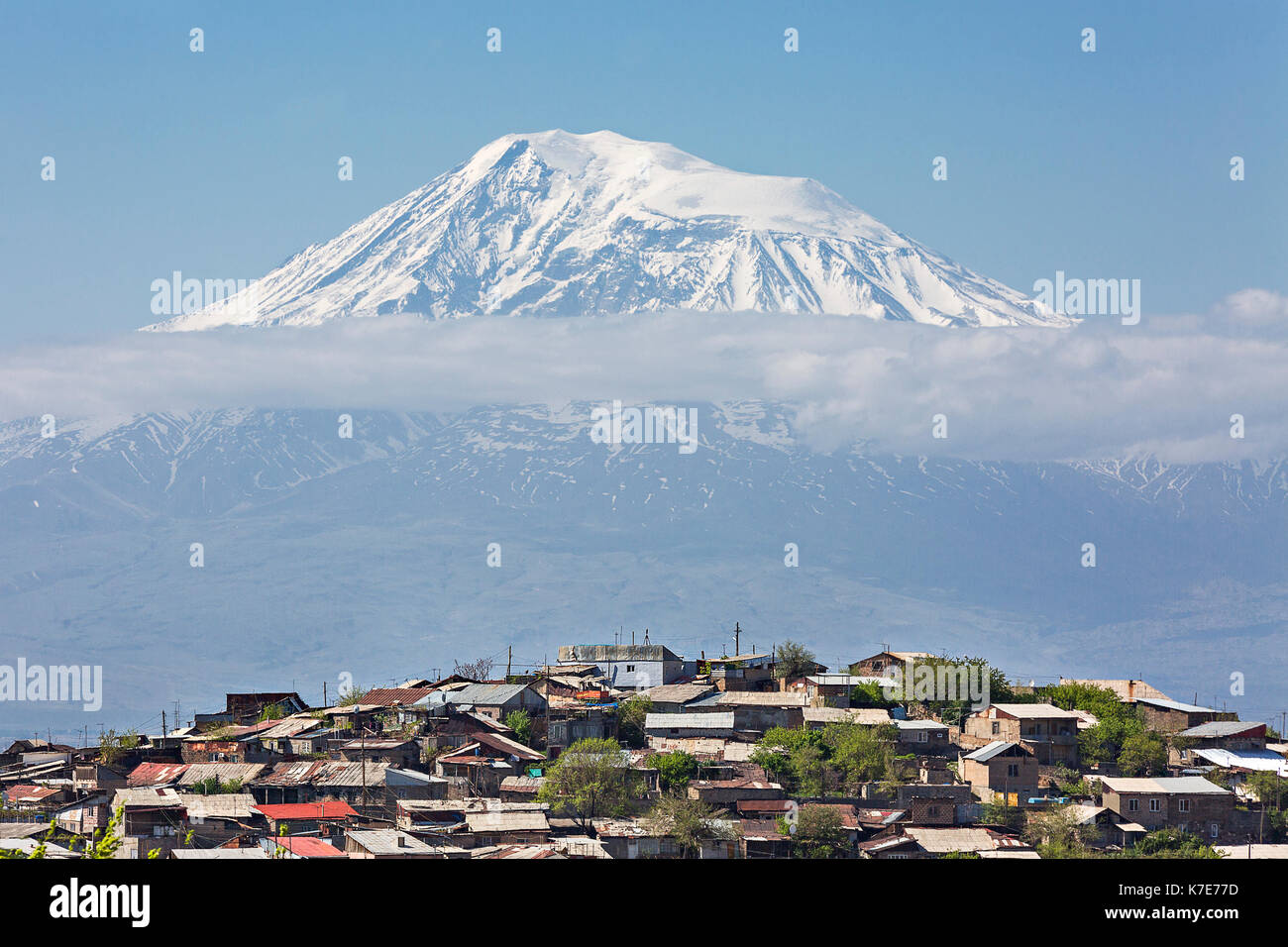 Village houses with Mt Ararat in the background in Armenia. Stock Photo