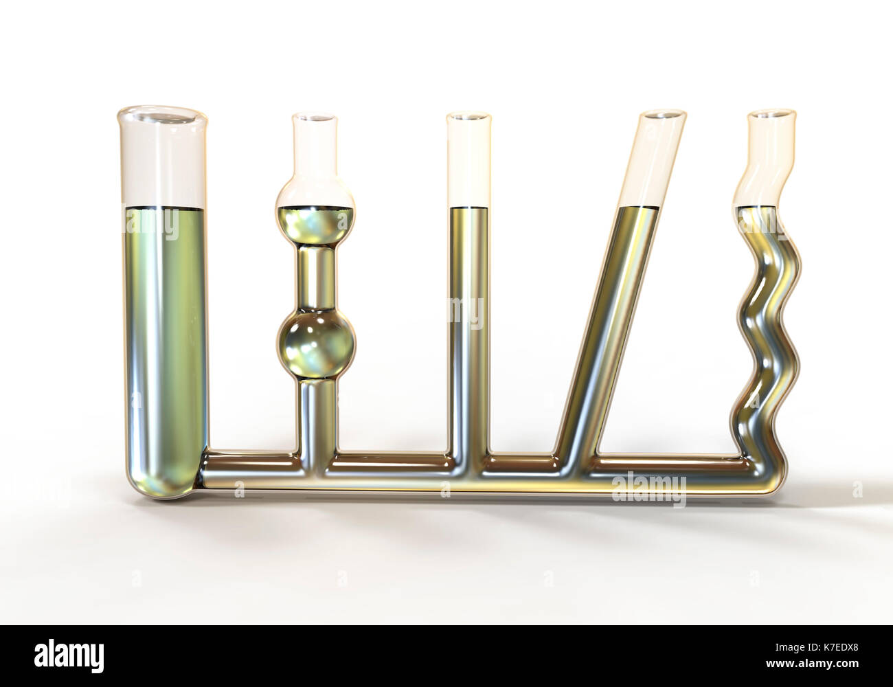 Communicating vessels, computer illustration. This laboratory glassware is used to demonstrate Stevin's Law. Stock Photo