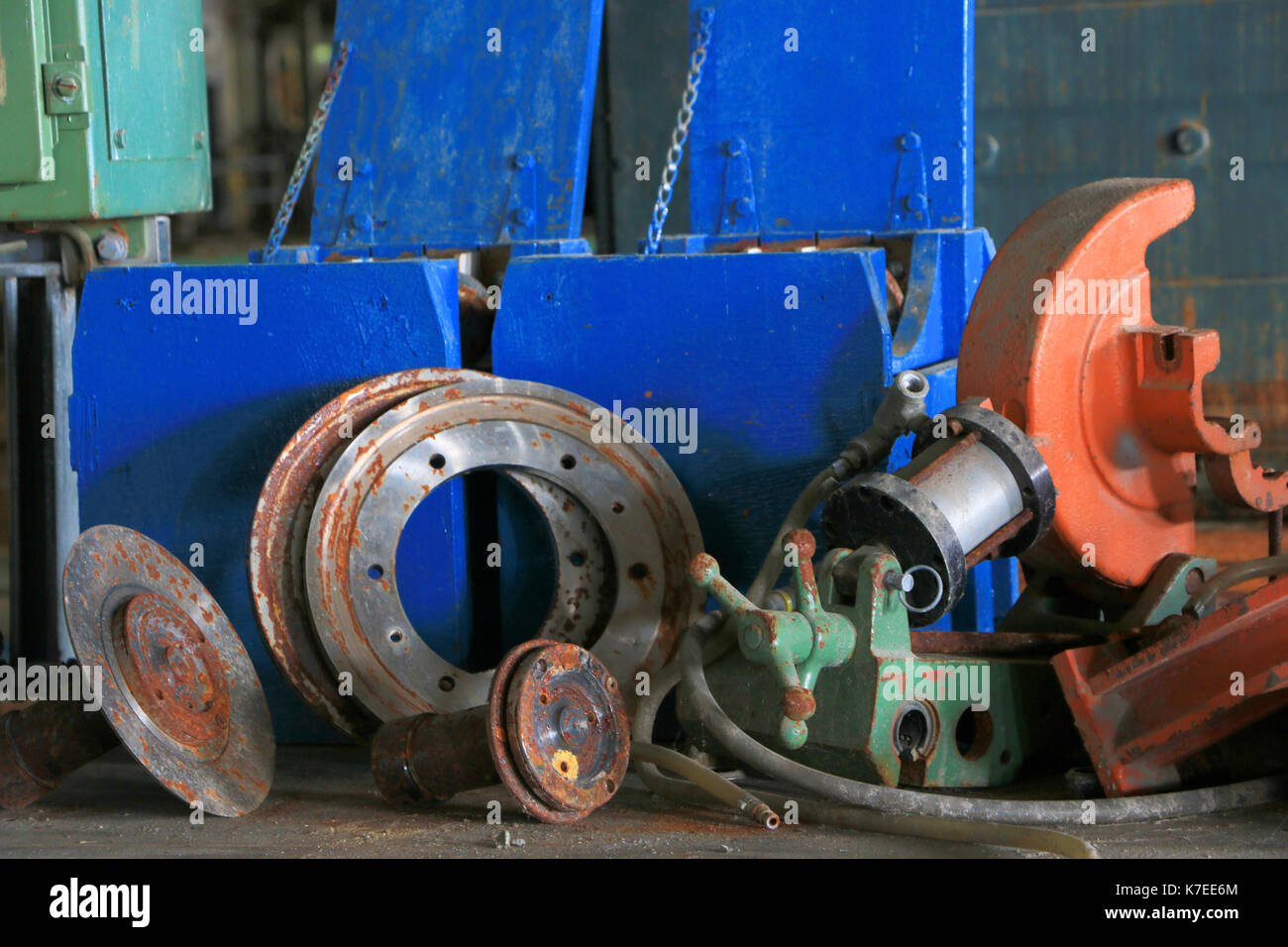 Discarded components from a winder machine in E B Eddy paper mill complex in Ottawa, Canada, closed since 2007. Stock Photo