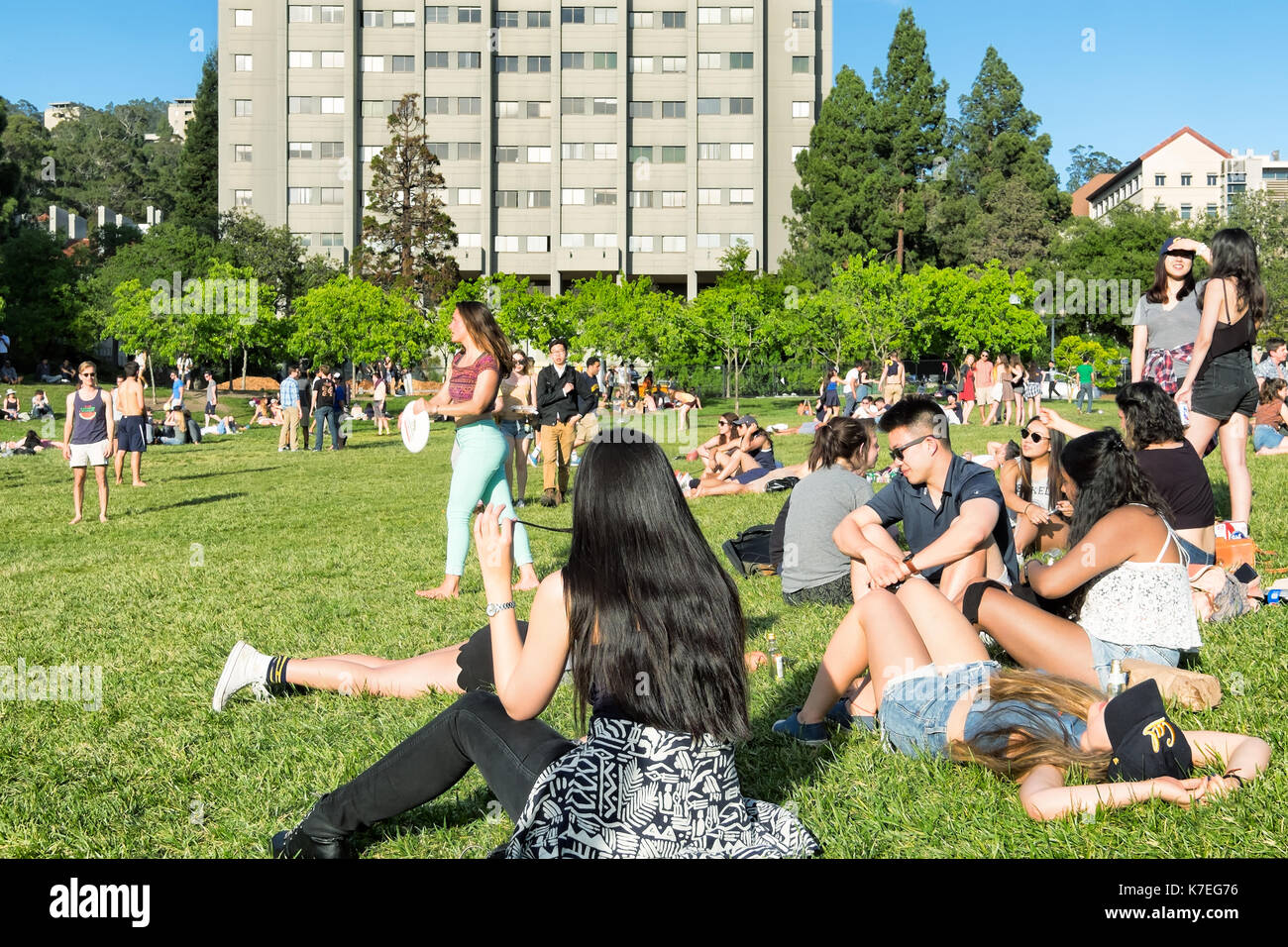 Students at the University of California Berkeley campus enjoying a warm spring day outdoors on the grass. Stock Photo
