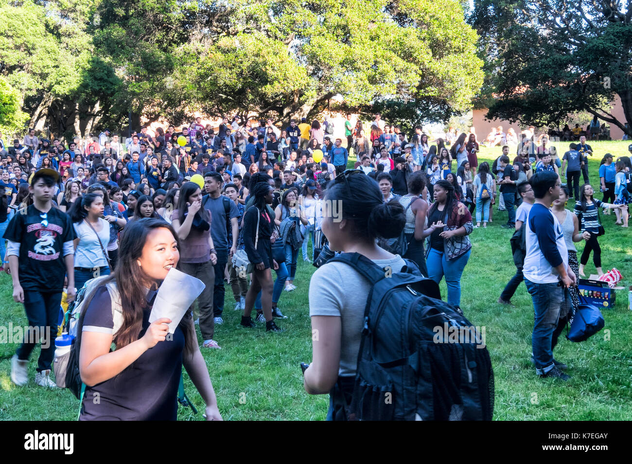 BERKELEY, CA- Apr 17, 2016: Students of Color at UC Berkeley gather for a group photograph on Cal Day, the annual campus-wide open house. Diversity is Stock Photo