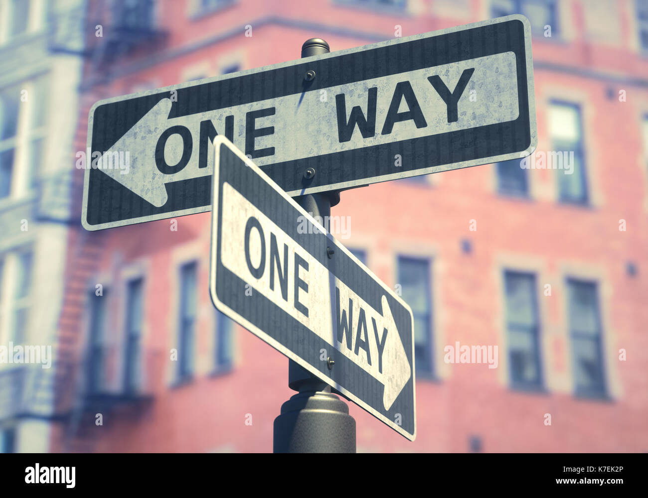 3D illustration. Conceptual image of one-way sign used on several streets on the USA. Stock Photo