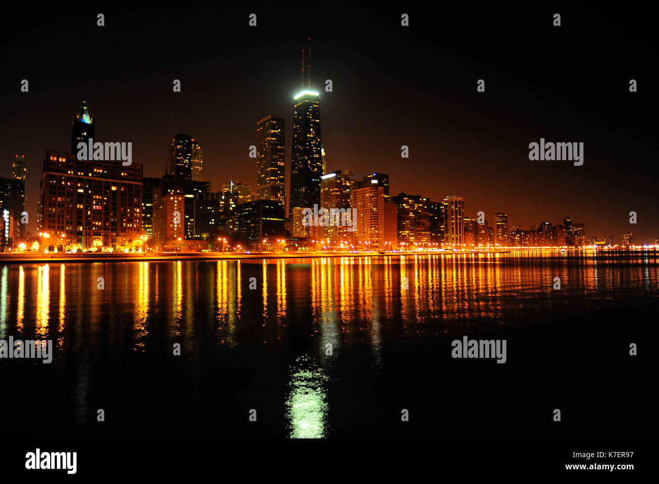 Night shot of Chicago with warm white balance and ND filter Stock Photo