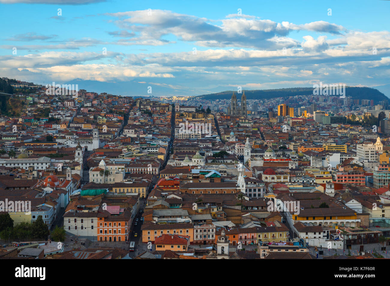Cityscape of the historic city center of Quito with its colonial style architecture, Ecuador. Stock Photo