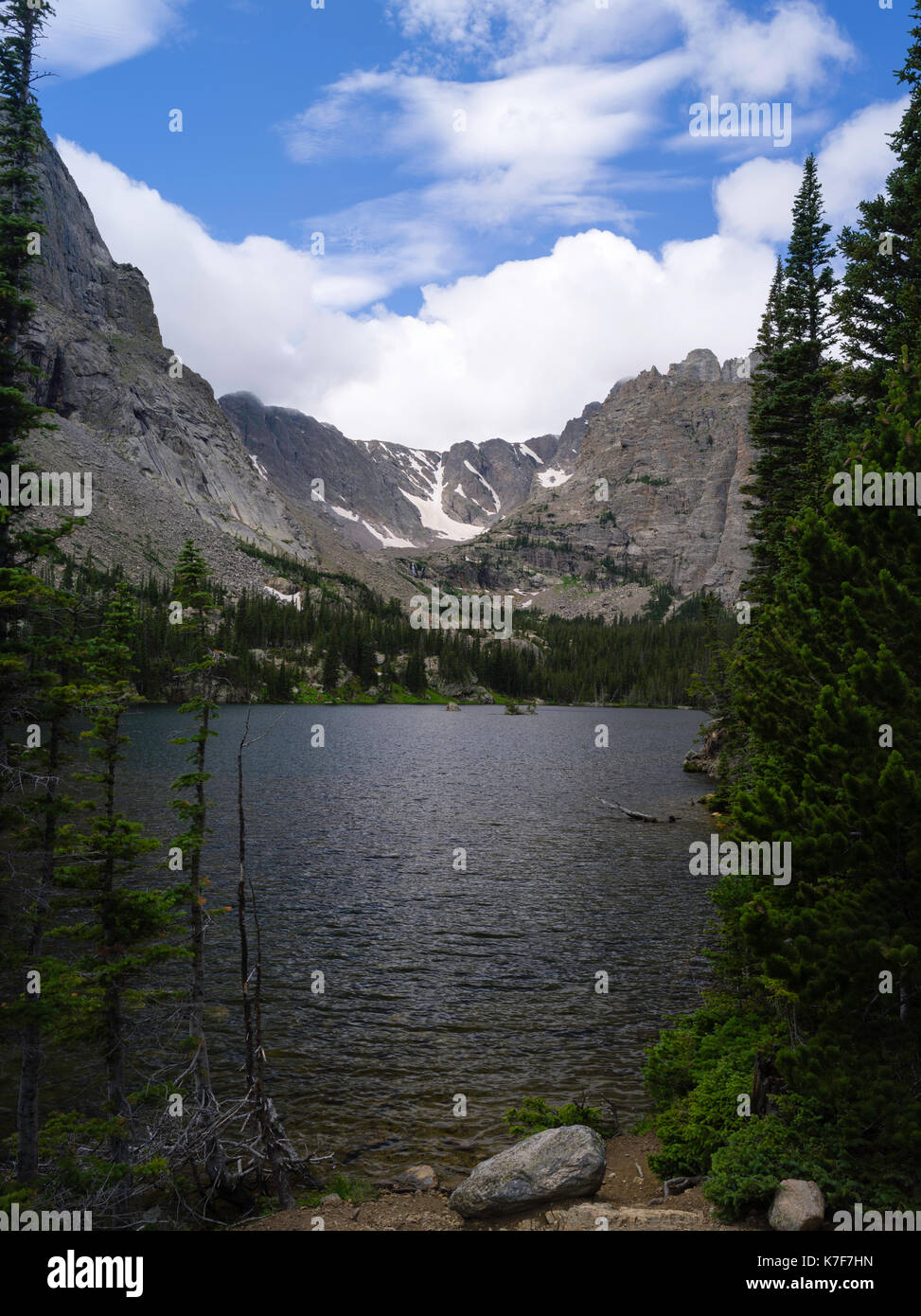 Panoramic view of The Loch, nestled in Rocky Mountain National Park, Colorado, USA. Stock Photo