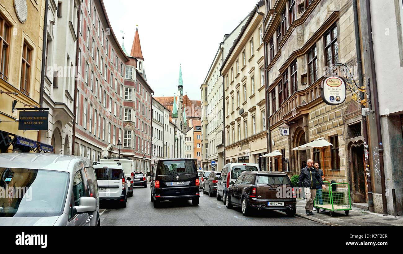Traffic and business buildings in Munich, Germany Stock Photo