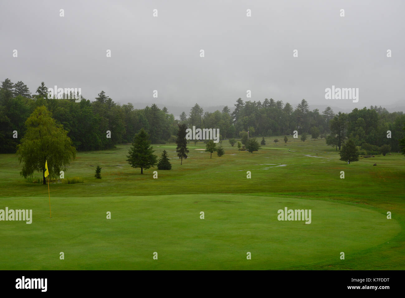 Lake Pleasant, NY public golf course on a cold damp rainy day. Stock Photo