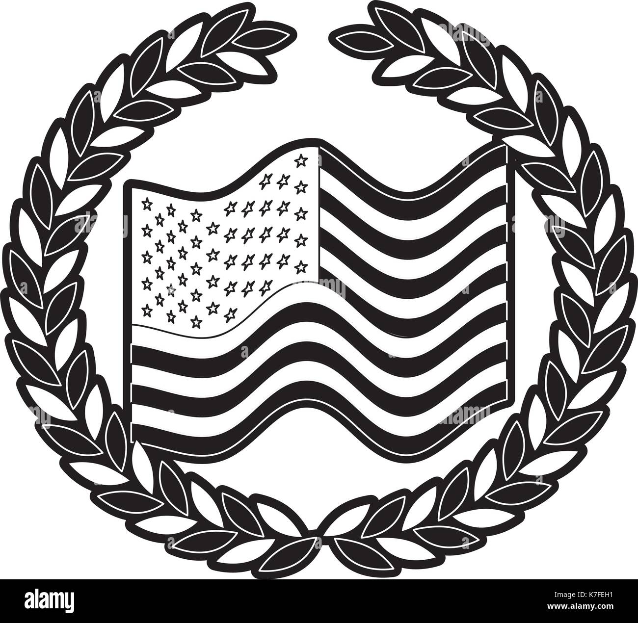 united states flag with circular crown of olive branches in monochrome silhouette Stock Vector
