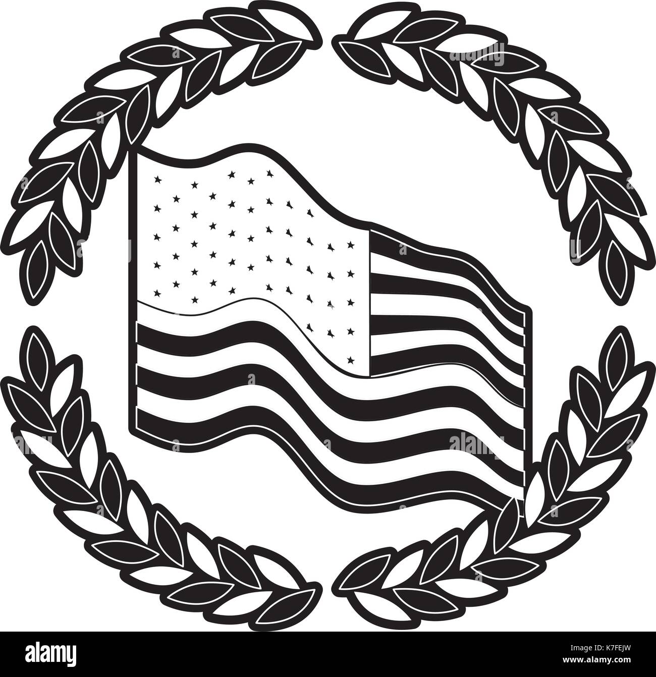 united states flag waving with circular crown of olive branches in monochrome silhouette Stock Vector