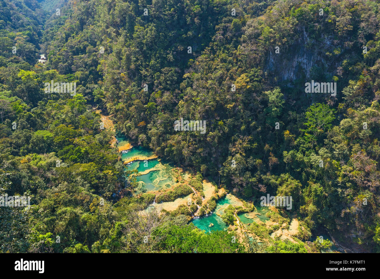 Aerial landscape of the Semuc Champey cascades and waterfalls, Peten tropical rainforest, Guatemala. Stock Photo