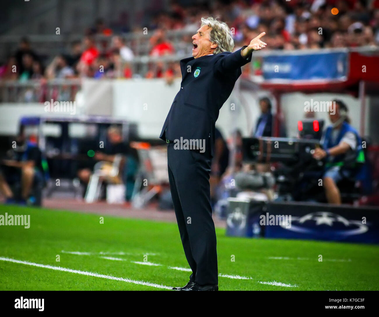 Piraeus, Greece - Sempteber 12, 2017: Coach of Sporting Jorge Jesus during the UEFA Champions League game between Olympiacos vs Sporting CP at Georgio Stock Photo