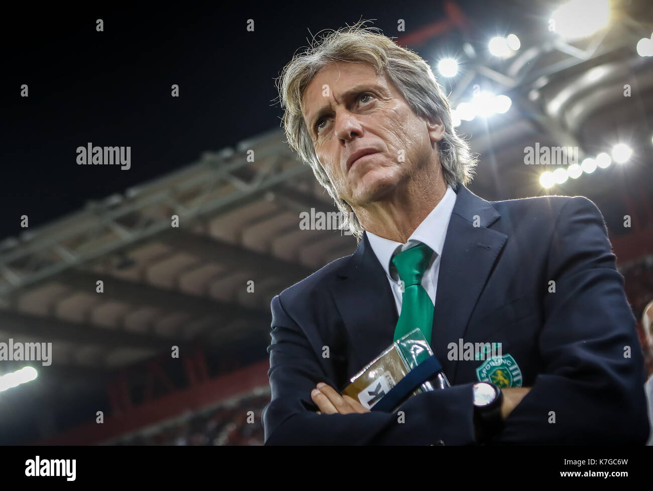 Piraeus, Greece - Sempteber 12, 2017: Coach of Sporting Jorge Jesus during the UEFA Champions League game between Olympiacos vs Sporting CP at Georgio Stock Photo
