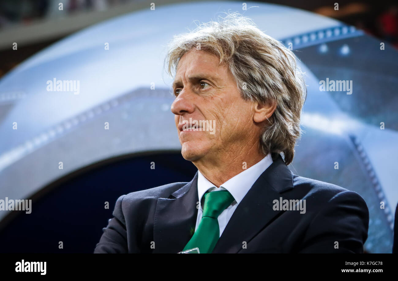 Piraeus, Greece - Sempteber 12, 2017: Coach of Sporting Jorge Jesus during the UEFA Champions League game between Olympiacos vs Sporting CP at Georgio Stock Photo