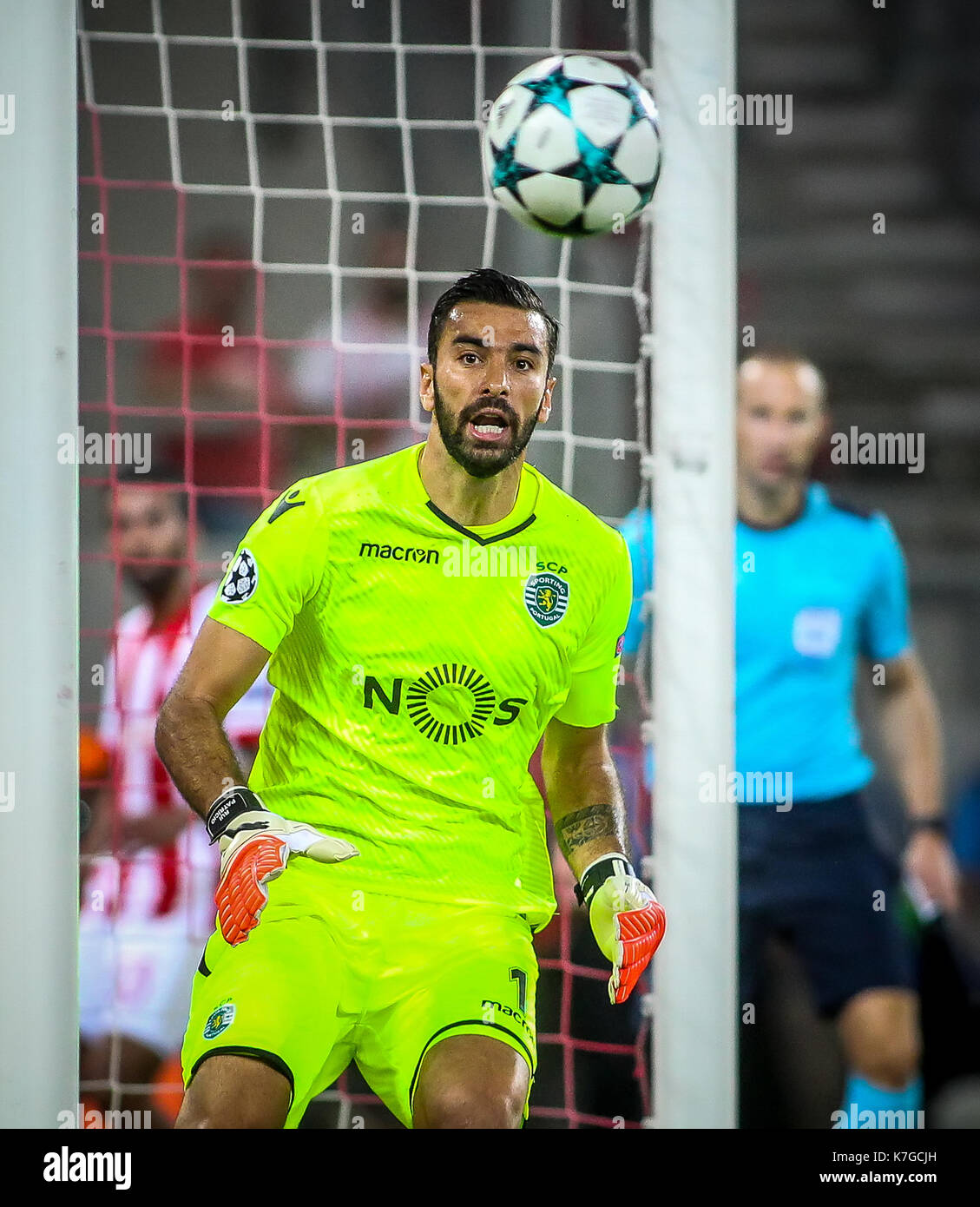Piraeus, Greece - Sempteber 12, 2017: Player of Sporting Rui Patricio in action during the UEFA Champions League game between Olympiacos vs Sporting C Stock Photo