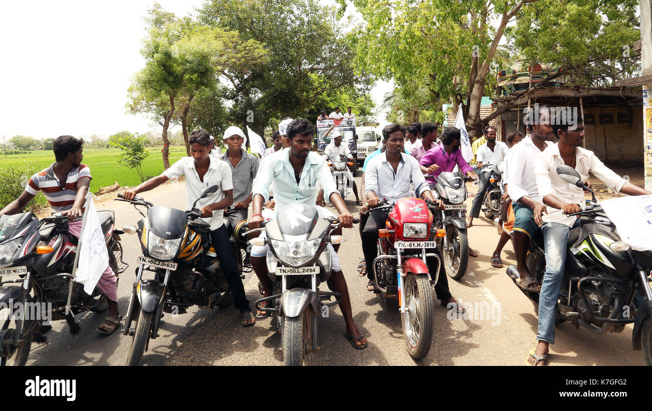 Group of bikers on open road, SUYACHI MLA CANDIDATE PIRACHARAM of Nannilam, Tamilnadu, India. people bike Stock Photo