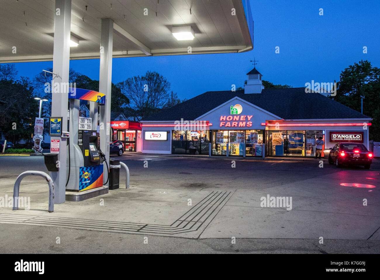 Honey Farms convenience store and gas station on Highland Street in Worcester, MA Stock Photo