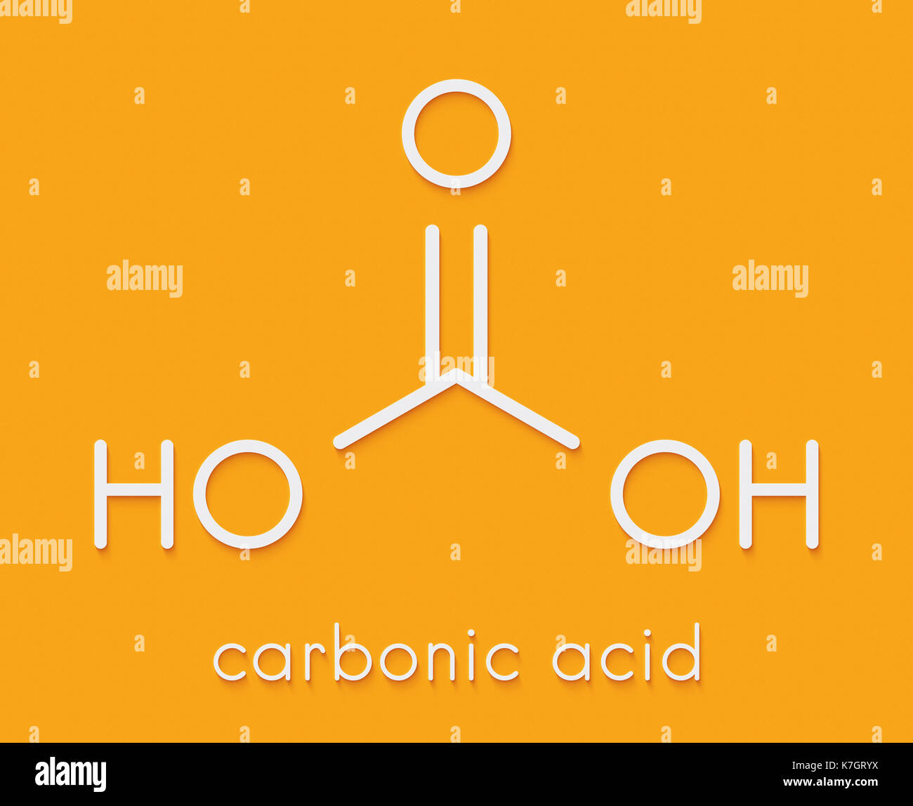 Carbonic acid molecule. Formed when carbon dioxide is dissolved in water (carbonated water). Skeletal formula. Stock Photo