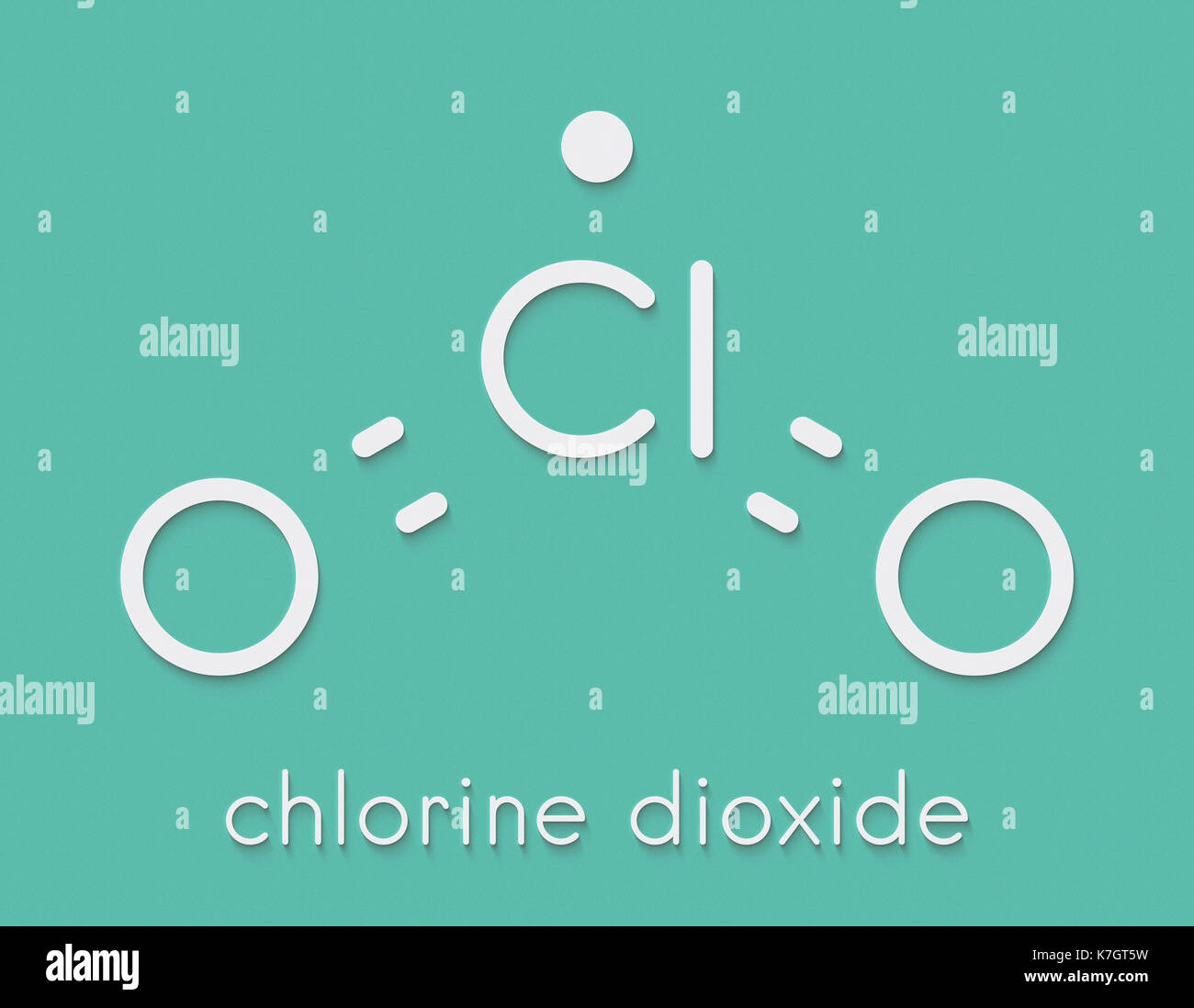 Chlorine dioxide (ClO2) molecule. Used in pulp bleaching and for