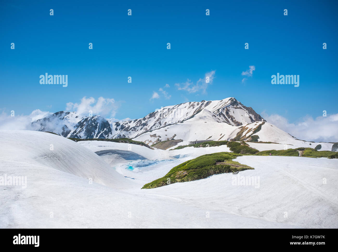 TATEYAMA, JAPAN - June 11, 2017: Japan Alps with melting snow. The Tateyama Kurobe Alpine route operate in late April until November, is one of the to Stock Photo