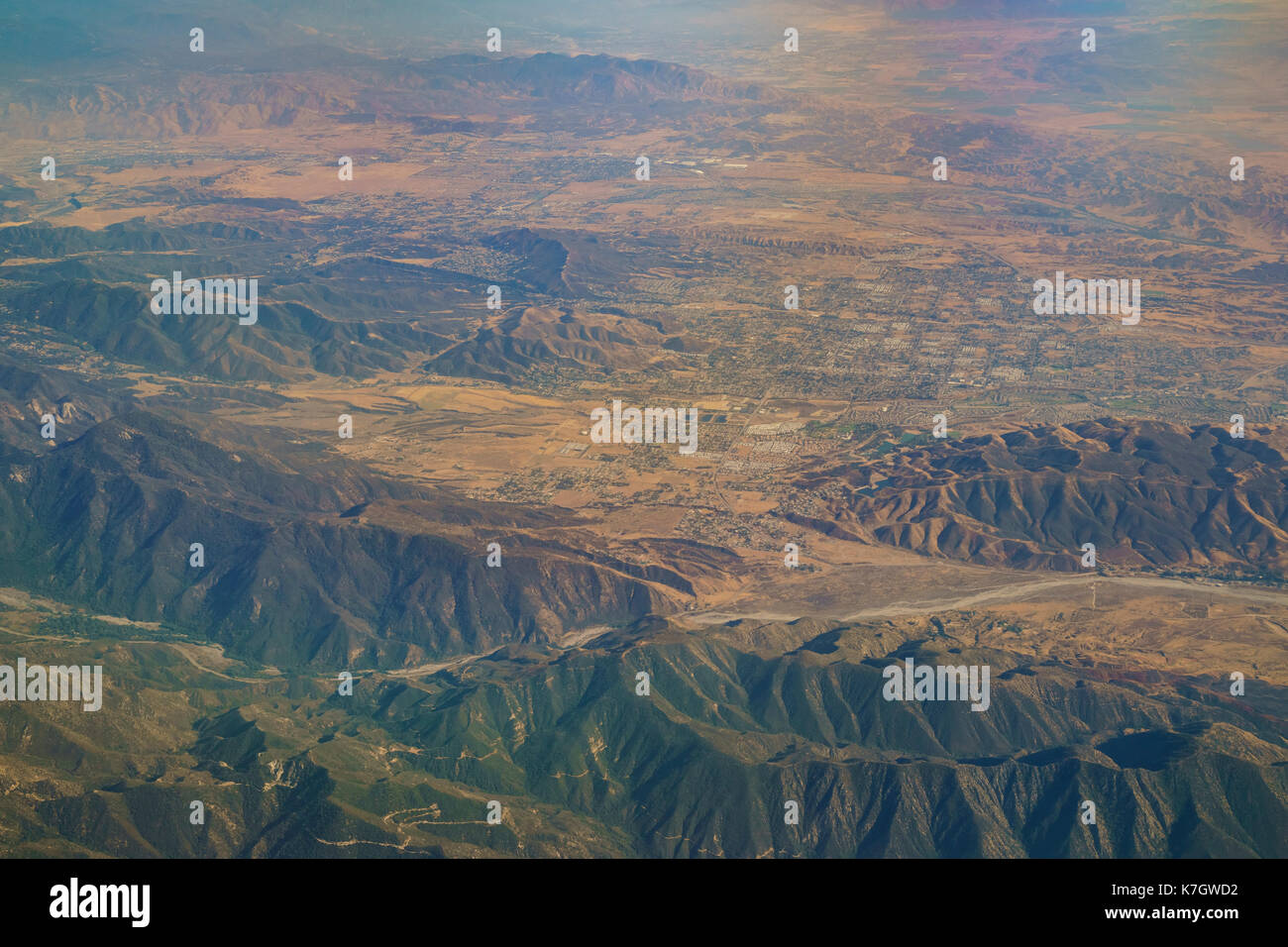Aerial view of Yucaipa, Cherry Valley, Calimesa, view from window seat in an airplane at California, U.S.A. Stock Photo