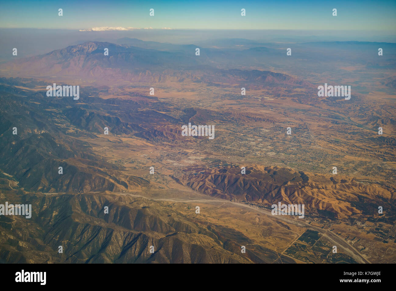 Aerial view of Yucaipa, Cherry Valley, Calimesa, view from window seat in an airplane at California, U.S.A. Stock Photo