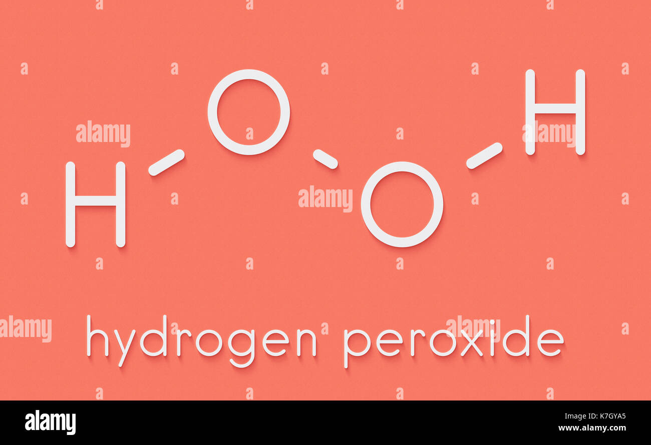 Hydrogen peroxide molecule. Reactive oxygen species (ROS). Used as bleaching agent, disinfectant, chemical reagent, etc. Skeletal formula. Stock Photo