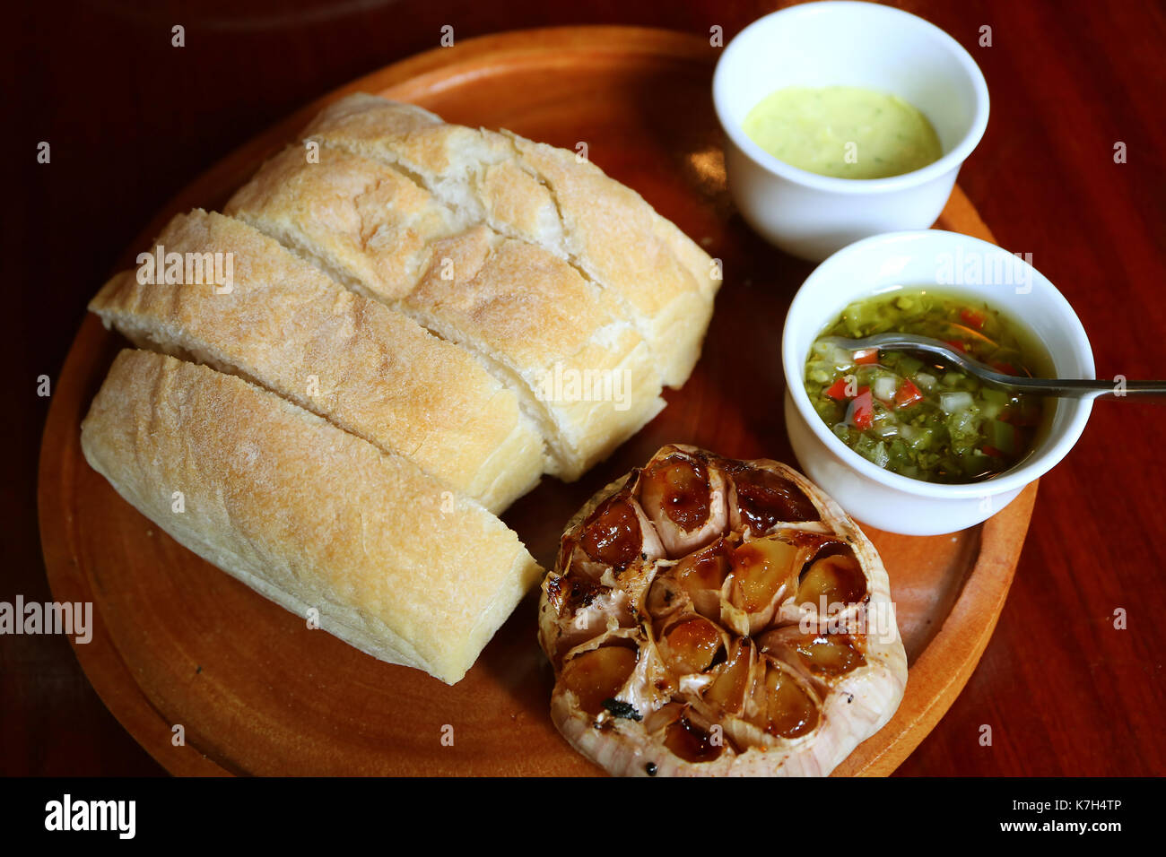 Baked Soft Bread with Roasted Garlic and Two Types of Dips on the