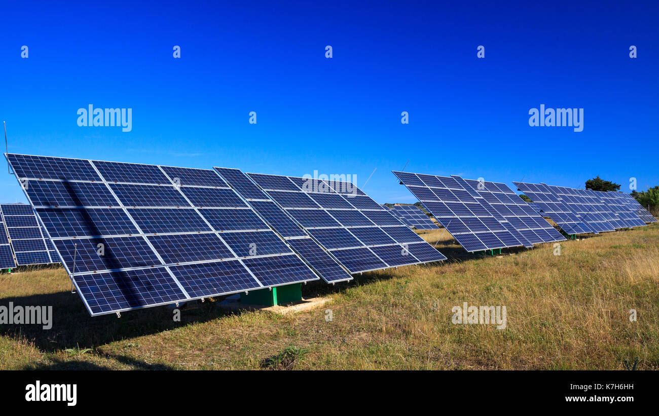 Photovoltaic panels farm. Renewable energy sources. Stock Photo