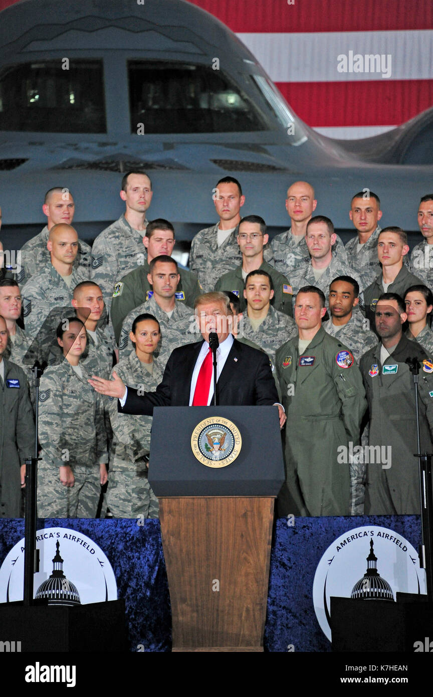 United States President Donald J. Trump delivers remarks to military personnel and families in a hanger at Joint Base Andrews in Maryland on Friday, September 15, 2017. He visited JBA to commemorate the 70th anniversary of the US Air Force. Credit: Ron Sachs/CNP Stock Photo
