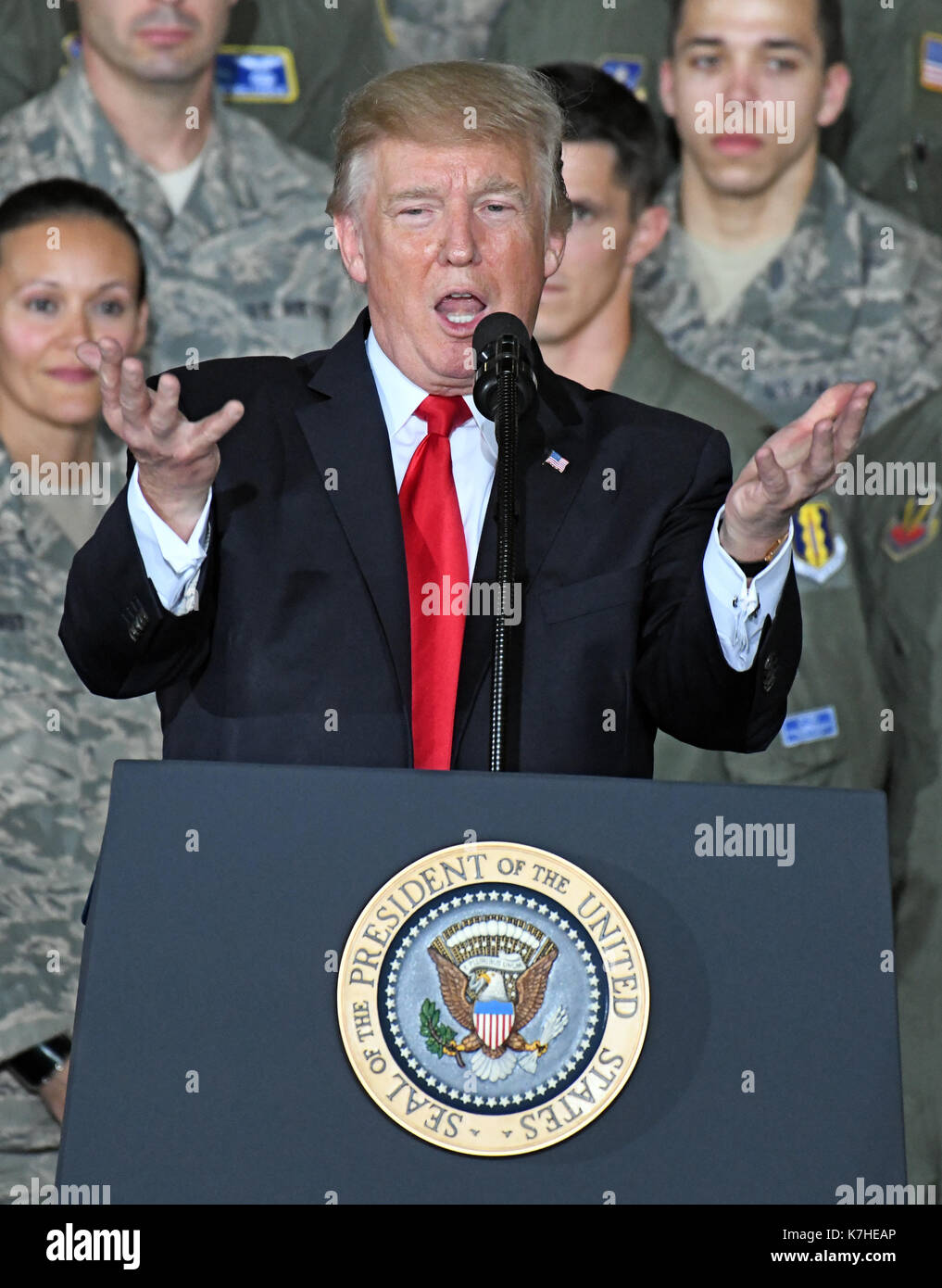 United States President Donald J. Trump delivers remarks to military personnel and families in a hanger at Joint Base Andrews in Maryland on Friday, September 15, 2017. He visited JBA to commemorate the 70th anniversary of the US Air Force. Credit: Ron Sachs/CNP Stock Photo