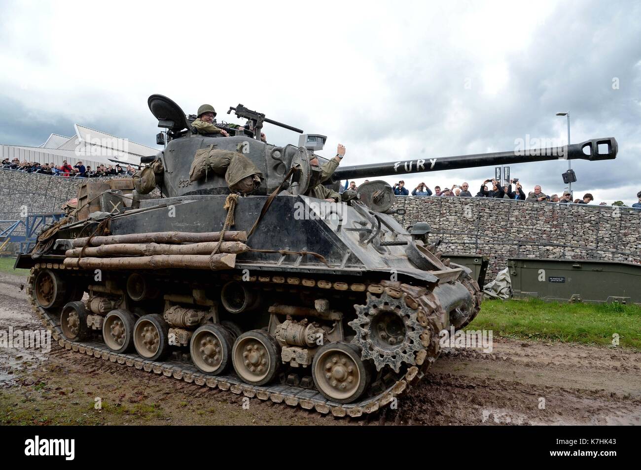 Demonstration at Bovington Tank Museum of the M4 Sherman from the film Fury Stock Photo