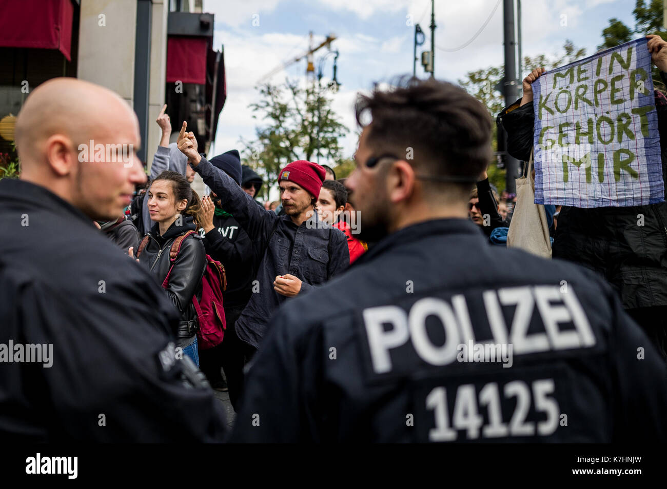 Counter-protesters shout parole to the direction of the demonstration. Under the motto 'Protect the most vulnerable, yes to every child', anti-abortionist and so-called 'lifeguards' move through Berlin. Critics accuse participants of religious fundamentalism. Stock Photo