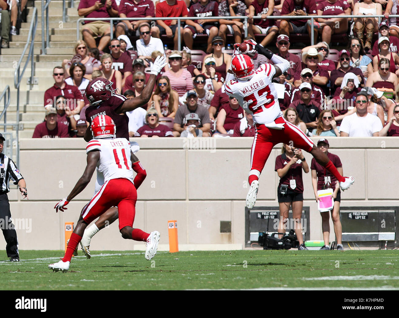 September 16, 2017: Louisiana-Lafayette Ragin Cajuns defensive back Tracy Walker (23) goes up for a interception in the second quarter during the NCAA football game between the Louisiana-Lafayette Ragin Cajuns and the Texas A&M Aggies at Kyle Field in College Station, TX; John Glaser/CSM. Stock Photo