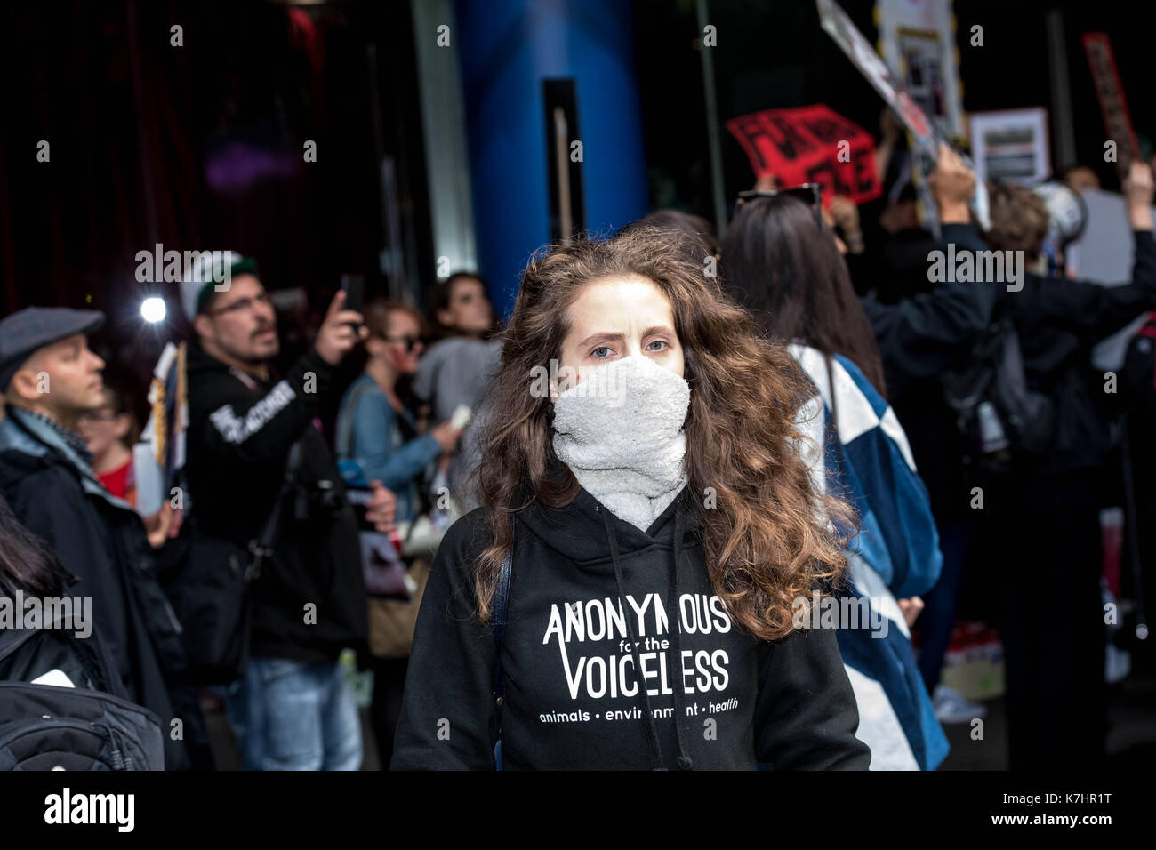 London 16th September 2017, Anti fur protesters picket the Gareth Pugh LFW17 presentation at the BFI IMAZ Some protesters were masked Credit: Ian Davidson/Alamy Live News Stock Photo