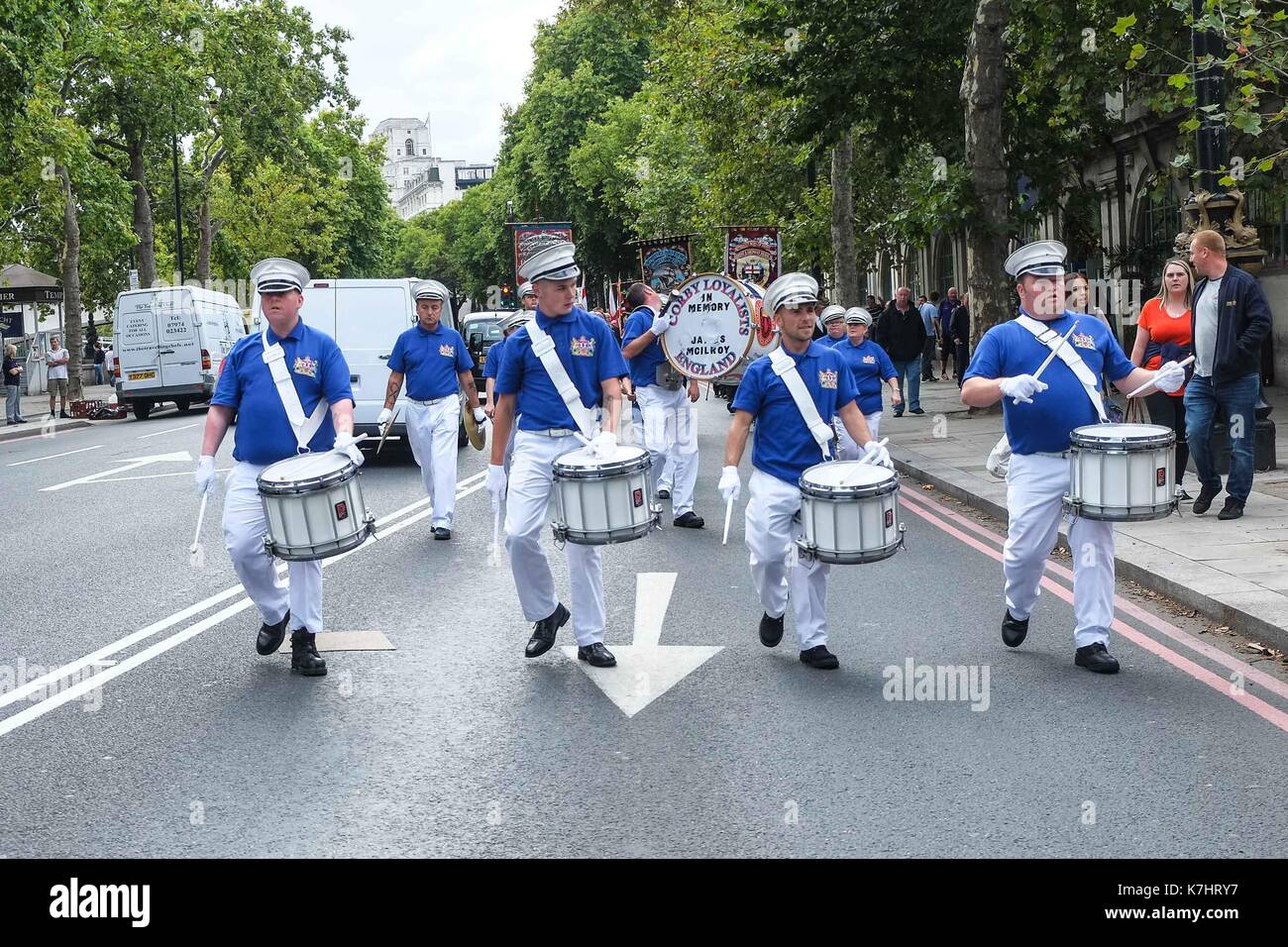 London, UK. 16th Sep, 2017. Apprentice boys of Derry march through London to remember Ulstermen who fought in the Great war. Lord Carson led Ulster Protestants against Home Rule in the early part of the 20th century.  Credit: claire doherty/Alamy Live News Stock Photo