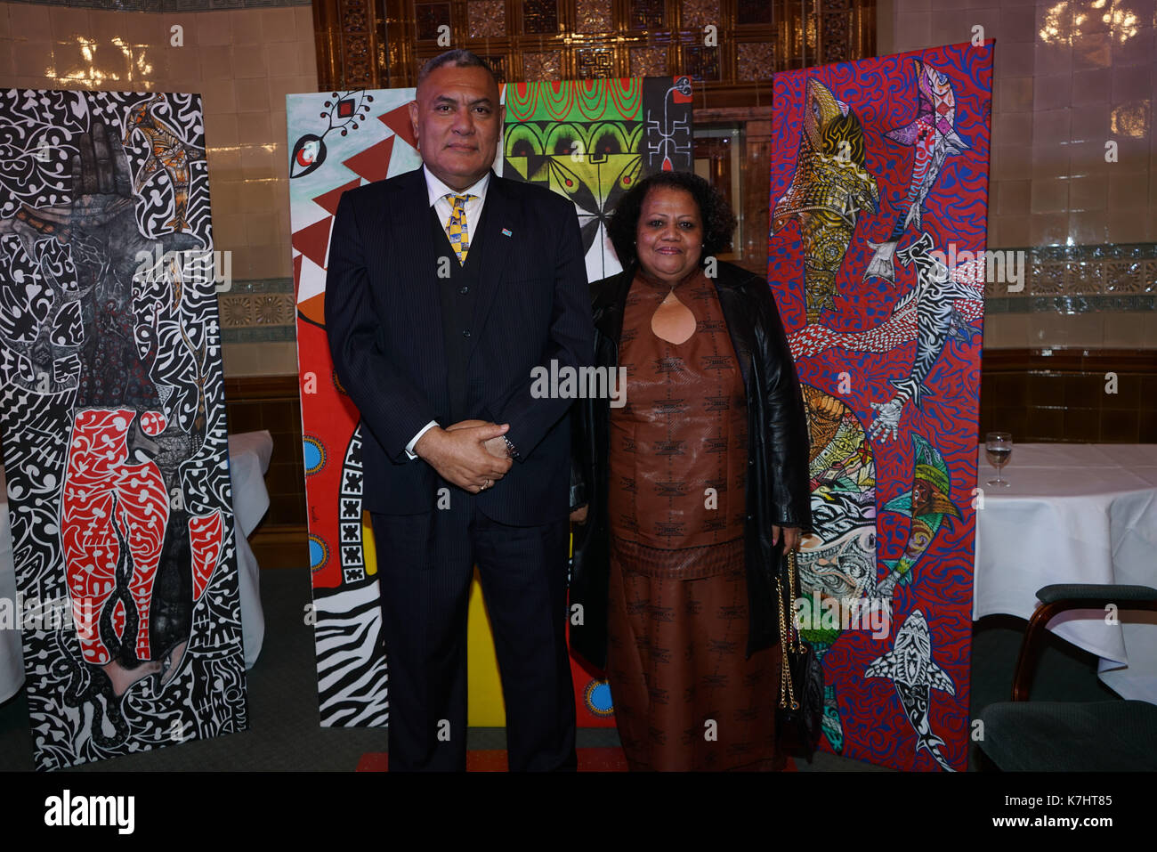London, England, UK. 15th September 2017. Honourable Excellency Mr Jitoko Tikolevu of Fuji (M)and his wife attends the London Pacific Collection with amazing thames Climate Change in the Pacific at 1 Whitehall place during LFW SS18. Stock Photo