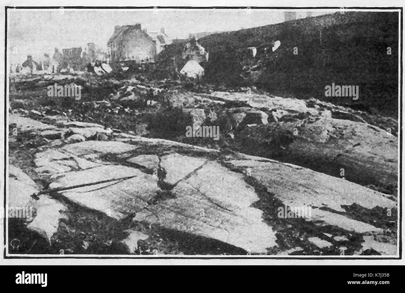 A 1914 image from the city of Stirling, Scotland showing ancient rocks scoured and cracked by glaciers in ancient times Stock Photo