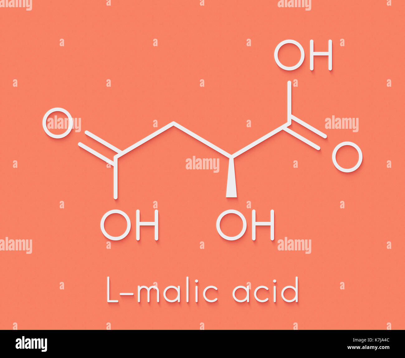 Malic acid fruit acid molecule. Present in apples, grapes, rhubarb, etc and contributes to the sour taste of these. Skeletal formula. Stock Photo