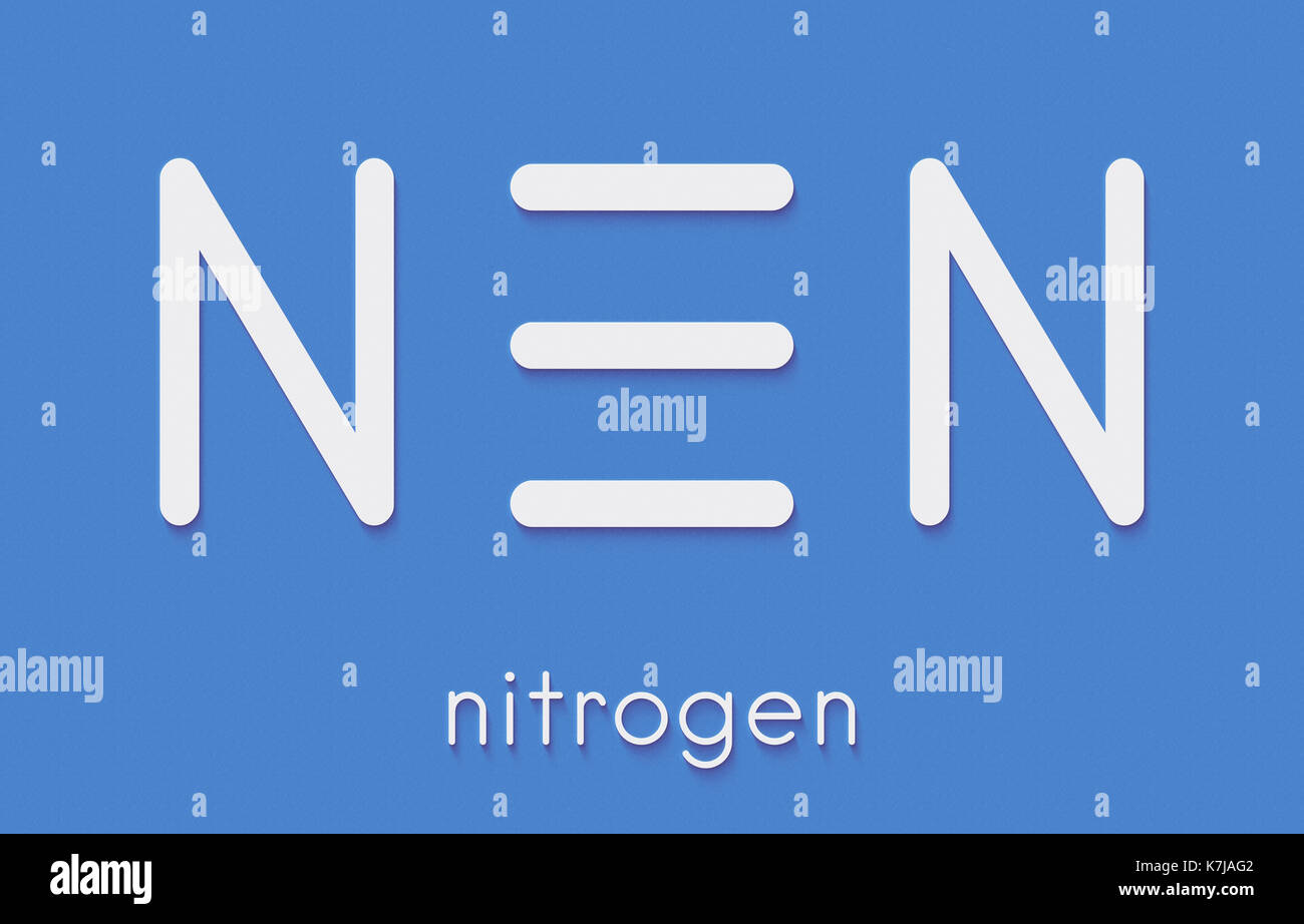 Elemental nitrogen (N2) molecule. Nitrogen gas is the main component of ...
