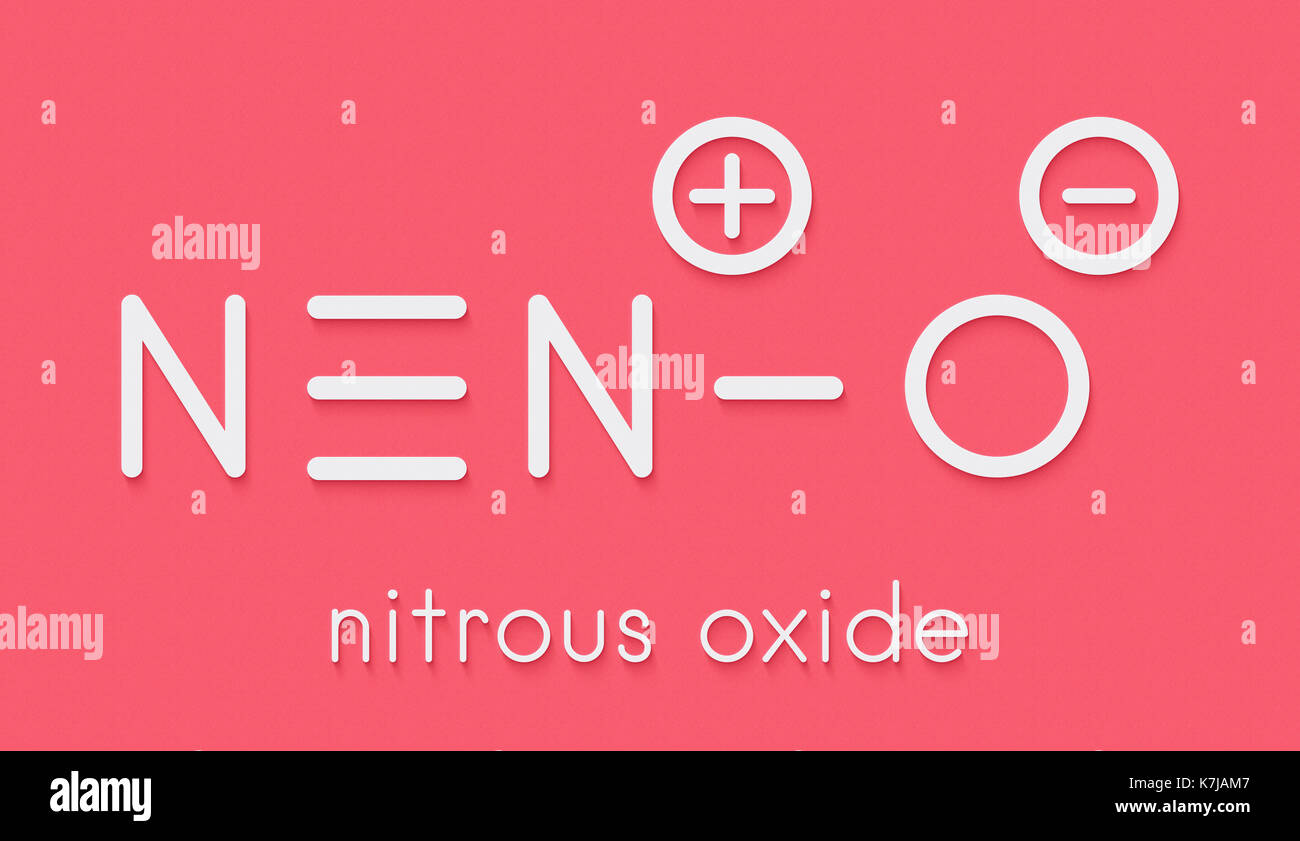 Nitrous oxide (NOS, laughing gas, N2O) molecule. Used in surgery as