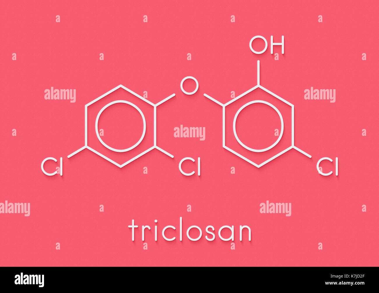 Triclosan antimicrobial molecule. Used in hand soaps, hospital scrubs, deodorants, mouth wash, etc. Skeletal formula. Stock Photo